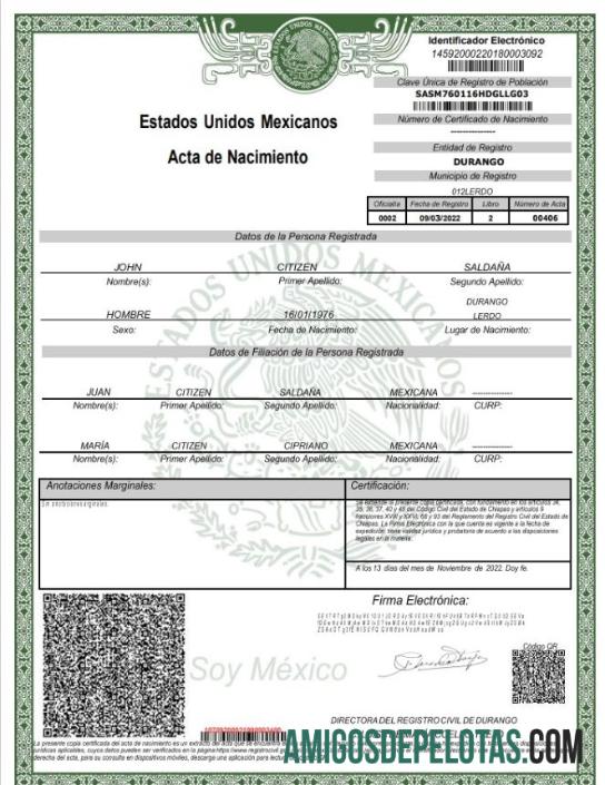 Realista modelo Word e PDF de certidão de nascimento no México, versão 2